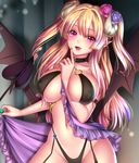  bare_shoulders between_breasts blonde_hair blush breasts choker collarbone covered_nipples demon_girl demon_tail demon_wings finger_to_mouth flower hair_flower hair_ornament hand_between_breasts horns huge_breasts long_hair looking_at_viewer navel original pink_eyes ryuki@maguro-ex solo succubus tail tongue tongue_out two_side_up very_long_hair wings 