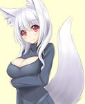  animal_ear_fluff animal_ears breasts cleavage eyebrows_visible_through_hair fox_ears fox_tail highres large_breasts long_hair meme_attire open-chest_sweater original red_eyes ribbed_sweater silver_hair sogaya solo sweater tail 