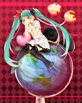  argyle argyle_background bracelet cake cat food globe green_eyes green_hair hatsune_miku highres jewelry long_hair pudding sitting skirt thighhighs twintails umigumo_yuuna very_long_hair vocaloid world_is_mine_(vocaloid) 