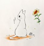  akabane_jin ambiguous_gender dialogue domestic_cat felid feline felis feral flower fur grass hi_res japanese_text looking_at_viewer looking_back mammal plant shikaruneko signature simple_background sitting solo sunflower text traditional_media_(artwork) white_fur 