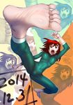  barefoot bodysuit feet fighting_stance green_bodysuit highres kicking open_mouth original pov_feet red_eyes red_hair skin_tight soles solo soon toes zoom_layer 
