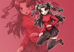  black_hair black_legwear fate/stay_night fate_(series) green_eyes highres samoore solo thighhighs toosaka_rin two_side_up zoom_layer 