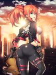  ass bustier camophilia city fingerless_gloves gloves green_eyes highres horse_mask jacket kaizin_rumble leather leather_gloves leather_jacket leather_pants lens_flare looking_back orange_hair pants side_ponytail thigh_strap 