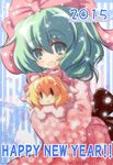  alternate_costume animal_costume blonde_hair bow green_eyes green_hair hair_bow happy_new_year highres japanese_clothes kagiyama_hina kimono medicine_melancholy minigirl multiple_girls new_year nullpooo open_door sash sheep_costume smile snowing touhou 