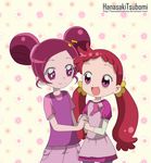 alternate_costume alternate_hairstyle creator_connection crossover floral_background hanasaki_tsubomi harukaze_doremi heart heartcatch_precure! highres holding_hands long_hair multiple_girls musical_note ojamajo_doremi open_mouth pink_eyes pink_hair precure purple_eyes red_hair ribbon short_hair skirt smile twintails 