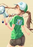  ass back bad_id bad_pixiv_id baseball_cap breasts brown_background brown_eyes brown_hair clothes_writing hat highres long_hair looking_at_viewer looking_back medium_breasts megaphone original ponytail re_lucy revision shirt short_sleeves shorts signature simple_background smile solo watch wristwatch 
