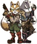  back-to-back back_to_back belt black_nose boots claws fingerless_gloves fox_mccloud furry gloves green_eyes gun handgun headset jacket multiple_boys nintendo red_eyes scarf simple_background smile spike star_fox tail teeth weapon wolf_o&#039;donnell wolf_o'donnell 