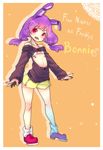  androgynous animal_ears bad_id bad_pixiv_id bangs bare_shoulders bikini bikini_top bonnie_(fnaf) bunny_ears character_name collarbone copyright_name crossdressing five_nights_at_freddy's full_body long_hair long_sleeves looking_at_viewer low-tied_long_hair male_focus mars_symbol meme_attire micro_bikini micro_bikini_top open-chest_sweater open_mouth orange_background otoko_no_ko personification purple_hair red_eyes sharp_teeth shimohara_(mucomuco) shoes short_shorts shorts solo standing sweater swimsuit tareme teeth 