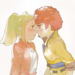  1boy 1girl afro blonde_hair blue_eyes blush brown_eyes cosmo_yuki densetsu_kyojin_ideon incipient_kiss kasha_imhof lowres red_hair sarmatamra twintails 