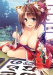  :d absurdres animal_ears arm_support bare_shoulders blue_eyes breasts brown_hair calligraphy calligraphy_brush cleavage floral_print flower hair_flower hair_ornament hair_stick highres japanese_clothes kimono kotora_(toranoana) large_breasts looking_at_viewer nipples off_shoulder open_mouth original paintbrush ponytail sitting smile solo tabi tail tatami tiger_ears tiger_tail toranoana yokozuwari yuujo yuuki_hagure 