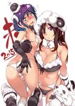  2girls al_bhed_eyes ass bare_shoulders bikini black_bikini black_gloves blush breasts cameltoe cleavage crown elbow_gloves flat_chest front-tie_top full-face_blush fur_collar garter_belt gloves hat horns large_breasts leg_warmers long_hair looking_at_viewer looking_back mini_crown mittens multiple_girls navel nengajou new_year open_mouth original puckered_lips purple_eyes purple_hair sheep_horns short_hair simple_background sitting star star-shaped_pupils swimsuit symbol-shaped_pupils thighhighs twintails utu white_background white_bikini 