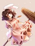  animal_ears barefoot black_hair brown_eyes bunny_ears bunny_tail carrot carrot_necklace dress hammer highres inaba_tewi jewelry licking_lips namuko necklace pendant pink_dress puffy_short_sleeves puffy_sleeves short_sleeves solo tail tongue tongue_out touhou 