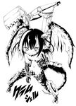  absurdres animal_ears bare_shoulders clam_shell_(ole_tower) demon_girl elbow_gloves gloves greyscale highres horns kamimamu looking_at_viewer machinery monochrome ole_tower tail 