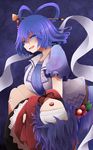  arano_oki black_hair blindfold blue_eyes blue_hair breasts carrying evil_smile fang hair_ornament hair_stick highres kaku_seiga large_breasts miyako_yoshika multiple_girls open_mouth princess_carry shaded_face shawl slit_pupils smile touhou 