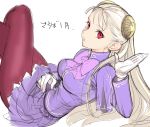  1girl albino capcom_fighting_jam commentary_request dress gloves hairpods highres ingrid long_hair pantyhose purple_dress purple_legwear red_eyes solo tetsu_(kimuchi) translation_request white_gloves white_hair 