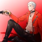 archer collar fate/extra fate/extra_ccc fate_(series) jacket lowres male_focus niu_illuminator open_clothes open_jacket red_jacket solo sword weapon white_hair 