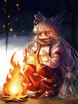  bow campfire fujiwara_no_mokou hair_bow hair_ribbon highres juliet_sleeves long_hair long_sleeves namuko pants puffy_sleeves red_eyes ribbon scarf shirt silver_hair sitting solo squatting suspenders touhou tress_ribbon very_long_hair 