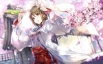  blurry brown_eyes brown_hair cherry_blossoms chihaya_(clothing) depth_of_field dutch_angle hakama holding japanese_clothes miko original petals red_hakama ribbon-trimmed_sleeves ribbon_trim solo yuugen 