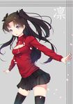  absurdres bad_id bad_pixiv_id black_hair blue_eyes brown_hair chromatic_aberration fate/stay_night fate_(series) guaikalong highres long_hair meme_attire open-chest_sweater solo sweater thighhighs toosaka_rin two_side_up 