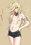  androgynous benten_(zone-00) blonde_hair blush choker cigarette green_eyes hair_over_one_eye male_focus mikoyan mole multicolored_hair navel_piercing nipple_piercing piercing short_shorts shorts solo tattoo wings zone-00 