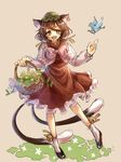  animal_ears basket bell bird bow brown_eyes brown_hair cat_ears cat_tail chen dress fangs hat highres long_sleeves mob_cap multiple_tails namuko nekomata open_mouth red_dress shirt smile solo tail touhou 