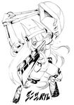  absurdres bare_shoulders excavator greyscale headgear highres kamimamu long_hair machinery mini_excavator_(ole_tower) monochrome ole_tower open_mouth solo weapon 