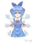  :t angry annoyed arms_behind_back blue_bow blue_dress blue_eyes blue_hair blush bow cirno detached_wings dress hair_bow ice ice_wings pout puffy_short_sleeves puffy_sleeves short_hair short_sleeves small_gyaku_(cyjalway) solo touhou white_background wings 