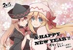  2girls black_dress blonde_hair blue_eyes bow capelet dress dual_persona happy_new_year hat hat_bow holding_hands interlocked_fingers lily_black lily_white long_hair long_sleeves multiple_girls new_year pink_dress pink_eyes smile touhou wide_sleeves yutamaro 