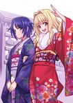  blonde_hair blue_eyes blue_hair cross_channel ema floral_print japanese_clothes kimono long_hair long_sleeves looking_at_viewer matsuryuu multiple_girls obi open_mouth red_eyes sakura_kiri sash short_hair smile yamanobe_miki 