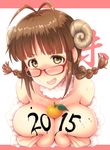  2015 akizuki_ritsuko antenna_hair breast_hold breasts brown_eyes brown_hair covering_nipples fuyube_rion horns idolmaster idolmaster_(classic) large_breasts long_hair looking_at_viewer open_mouth sheep_horns smile smirk solo 