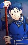  blue_hair earrings fate/stay_night fate_(series) gae_bolg jewelry lancer long_hair male_focus niu_illuminator polearm ponytail red_eyes solo spear weapon 