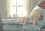  arm_support blonde_hair bow bow_bra bra curtains horns long_hair looking_at_viewer lying on_side original panties pillow sheep_horns shiny shiny_skin smile solo sonikey0_0 thighhighs underwear underwear_only white_bra white_panties window yellow_eyes 