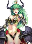  :d absurdres armor asmodeus_(shinrabanshou) bare_shoulders bikini_armor black_wings breasts cleavage demon_horns flower gauntlets green_hair highres horns large_breasts long_hair looking_at_viewer low_wings navel open_mouth pointy_ears rose sensei_(hitagi3594) shinrabanshou simple_background smile solo white_background wings yellow_eyes 