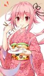  bad_id bad_pixiv_id blush chopsticks eating food gradient_hair harusame_(kantai_collection) japanese_clothes kantai_collection kimono long_hair looking_at_viewer mochi mochi_trail multicolored_hair new_year obi pink_eyes pink_hair purple_hair sash side_ponytail smile solo takehana_note very_long_hair 