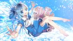  asamiyajy barefoot blue_dress blue_eyes blue_hair bow cirno dress hair_bow ice ice_wings open_mouth puffy_sleeves ribbon short_hair smile solo touhou wings 