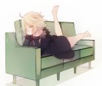  1girl arm_support bangs bare_legs barefoot beni_shake black_dress black_jacket blush brown_hair closed_mouth commentary_request couch dress eyebrows_visible_through_hair fate/grand_order fate_(series) full_body fur-trimmed_jacket fur-trimmed_sleeves fur_trim hair_over_one_eye jacket jeanne_d&#039;arc_(alter)_(fate) jeanne_d&#039;arc_(fate)_(all) leg_up long_sleeves looking_at_viewer lying on_couch on_stomach open_clothes open_jacket orange_eyes solo white_background wicked_dragon_witch_ver._shinjuku_1999 