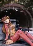  assault_rifle bodysuit breasts cat closed_eyes gun hairpods highres long_hair medium_breasts multicolored multicolored_bodysuit multicolored_clothes neon_genesis_evangelion orange_bodysuit orange_hair photo_background plugsuit pork_(fordfairlane) rebuild_of_evangelion red_bodysuit rifle scope shikinami_asuka_langley sig_552 sig_sauer sitting sleeping sleeping_upright solo souryuu_asuka_langley test_plugsuit vertical_foregrip weapon 