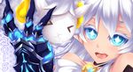  &gt;_&lt; 1girl 2015 bare_shoulders blue_eyes claws closed_eyes demon_power_(elsword) elsword fi-san long_hair luciela_r._sourcream pointy_ears polka_dot polka_dot_background sheep solo white_hair 