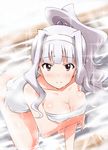  alternate_hairstyle ass blush breasts collarbone hairband idolmaster idolmaster_(classic) leaning_forward long_hair looking_at_viewer medium_breasts naked_towel pink_eyes ponytail shijou_takane silver_hair solo sparkle steam tokiani towel wading water 