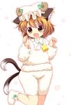  animal_costume animal_ears bell brown_eyes brown_hair cat_ears cat_tail chen ear_piercing fang hat horns jewelry mob_cap multiple_tails nekomata open_mouth piercing pila-pela sheep_costume sheep_horns single_earring smile solo tail touhou 