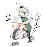  blush_stickers bow doyagao green_eyes ground_vehicle hair_bow harusame_(unmei_no_ikasumi) konpaku_youmu silver_hair solo touhou tricycle white_background 