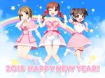  akagi_miria black_hair blush brown_eyes brown_hair hair_ornament happy_new_year idolmaster idolmaster_cinderella_girls jumping looking_at_viewer mimura_kanako multiple_girls new_year one_eye_closed open_mouth short_hair skirt smile totoki_airi totokichi 