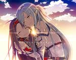  asamiyajy asuna_(sao) asuna_(sao-alo) blue_hair closed_eyes cloud detached_sleeves fingerless_gloves gloves hairband hug long_hair multiple_girls pointy_ears purple_hair sunset sword_art_online tears yuuki_(sao) 