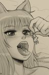  animal_ears braid chloe_(spice_and_wolf) cloud flying_sweatdrops giantess holo karbo long_hair monochrome multiple_girls open_mouth outdoors saliva signature sketch solo_focus spice_and_wolf tongue traditional_media trembling uvula vore wolf_ears 