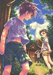  3boys artist_request blue_sky character_request child cloud clouds copyright_request grass hat male male_focus multiple_boys navel outdoors shirt shoes short_hair shorts sky socks standing t-shirt tree 
