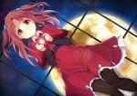  black_legwear brown_hair dress dutch_angle galilei_donna hair_ornament highres hozuki_ferrari itsui_(dihydrogenmonoxid) lens_flare long_hair looking_at_viewer lying on_back pantyhose red_dress red_eyes smile solo two_side_up 