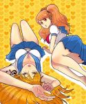  2girls artist_request ass charlotte_pudding curvy female long_hair looking_at_viewer lying multiple_girls nami_(one_piece) one_piece orange_hair school_uniform skirt tattoo twintails 