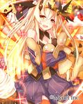  :d bare_shoulders blonde_hair blush breasts candy candy_cane cleavage detached_sleeves falkyrie_no_monshou food gingerbread_man jack-o'-lantern long_hair looking_at_viewer medium_breasts official_art open_mouth orange_eyes orange_legwear sitting smile solo takanashi_kei_(hitsujikan) thighhighs very_long_hair 