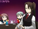  aqua_hair bartender blush brown_eyes brown_hair bunny dated drinking drinking_straw hair_bobbles hair_ornament hamu_koutarou kantai_collection long_hair martini multiple_girls nachi_(kantai_collection) necktie one_eye_closed pink_hair sazanami_(kantai_collection) side_ponytail suzuya_(kantai_collection) twintails 