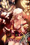  alcohol bracelet breasts cherry cleavage food fruit inugami_mokekiyo japanese_clothes jewelry large_breasts off_shoulder original pink_hair raccoon solo tongue tongue_out twintails yellow_eyes 